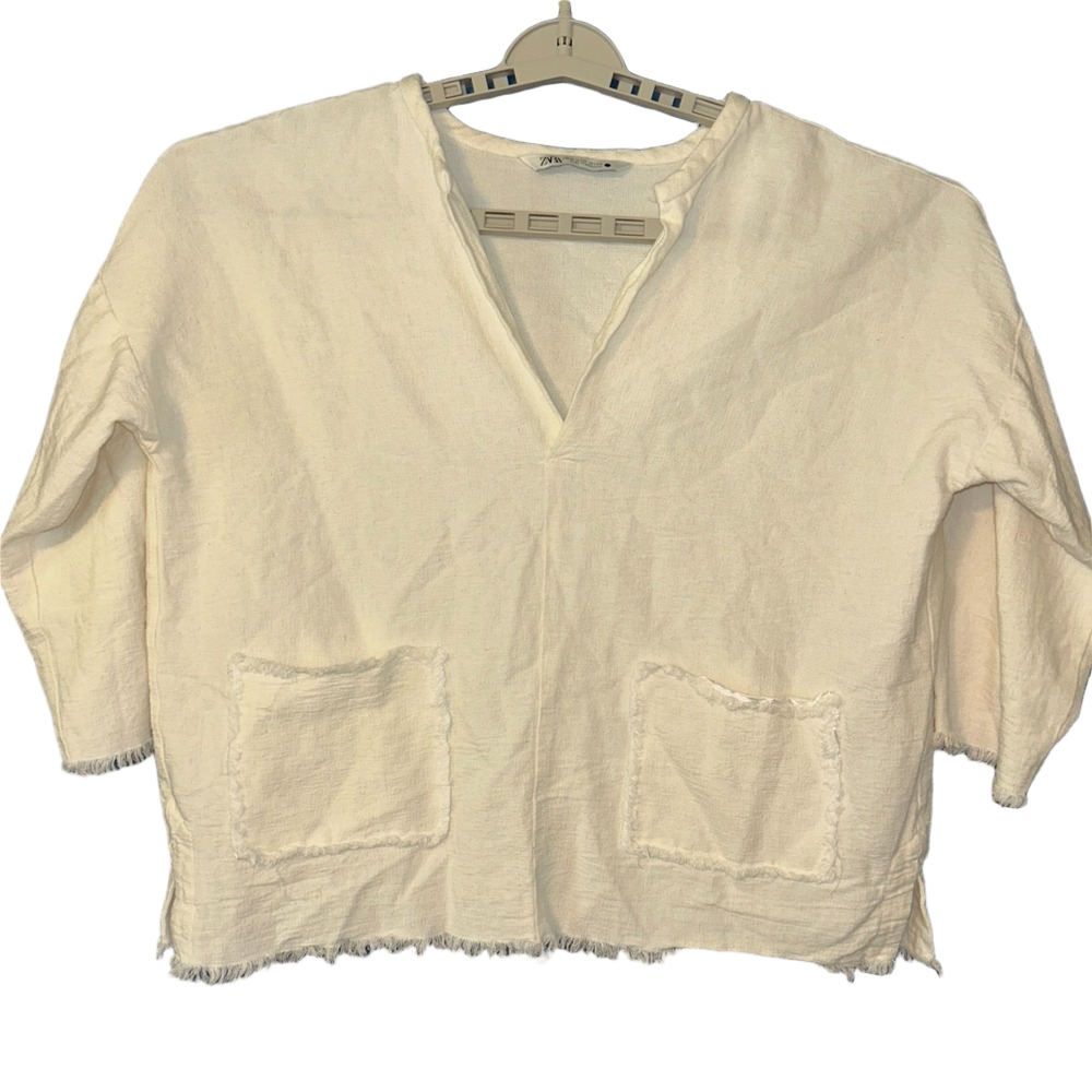 Zara Shirt M White Linen Button Up Top Boxy Fit Beach Coastal Grandma Vacation